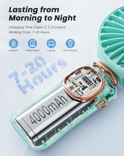 Image of coldSky Portable Handheld Fan, 4000mAh Battery Operated Fan with LED Display, Handheld /Neck /Desk 3 in 1 Personal Small Fans, 90 Foldable Desk Fan with Base, 5 Speed Makeup Lash Fan for Women Green