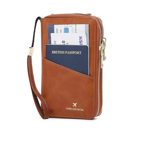 GOIACII Passport Wallet Travel Crossbody Bags for Women Wristlet Phone Purse Double Zip Vegan Leather Brown