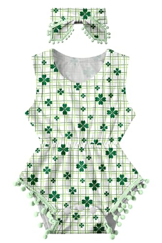 Image of UNICOMIDEA Baby Girls St. Patrick Day Romper Newborn Outfit Four Leaf Clover Jumpsuits Sleeveless One-Piece Clothes 0-3 Months Bodysuit with Headband