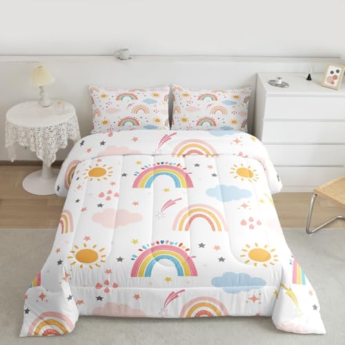 Image of Feelyou Kids Rainbow Comforter Set Full,Cute Boho Rainbow Girls Bedding Set Ultra Soft Sun and Stars Child Toddler Quilt Set Room Decor Lovely Rainbows Reversible Stars Duvet Set,Yellow Pink Blue