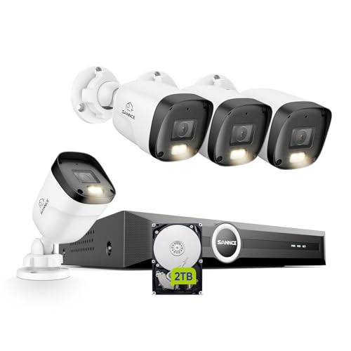 SANNCE Kit Videosorveglianza Esterno Poe 5MP Nvr 8 Canali con Hard Disk da 2TB 2K/3MP 4 Telecamere Poe con LED Smart IR, Rilevamento del Movimento, Allarme App, Notturna a Colori 65 Piedi