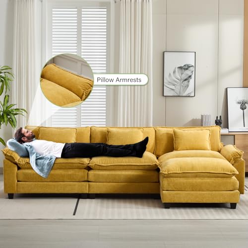 Image of Oprisen 120 inch Modular Sectional Sofa, Comfy Cloud Couch Sectional Sofa with Ottoman, Chenille Sofa Sleeper Deep Seat Sofa with Throw Pillows for Living Room (Yellow, 120 inch- L Shape)