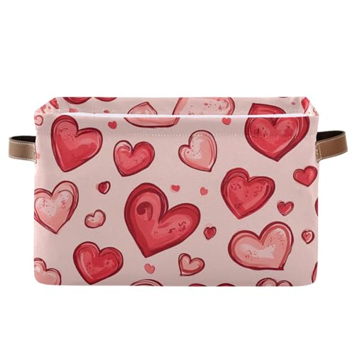 PaChyLuu Red Hearts Storage Basket Bin Canvas Fabric Organizer Toys Basket with Handles for Home Office Nursery, Clothes, Gifts, 1 Pcs