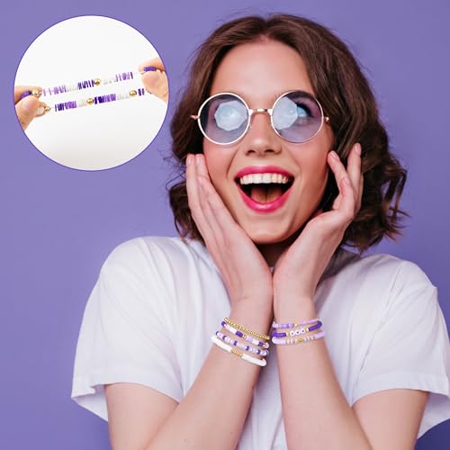 Y1tvei Purple Heishi Bead Bracelets - 7Pcs Purple Clay Bead Surfer Bracelet Set Stackable Gold Plated Stretch Bracelet Boho Layering Summer Beach Jewelry Friendship Bracelet for Women Girls3