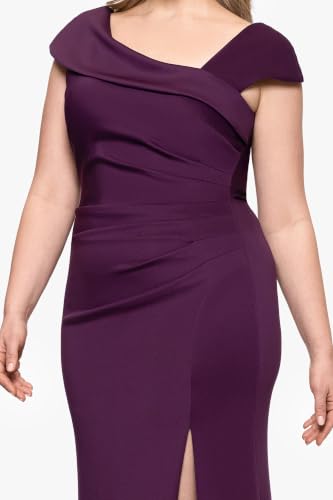Image of Xscape Women's Long Bodycon Formal Evening Gown with Cap Sleeves, Asymmetrical Neckline, Ruched Bodice and Front Slit
