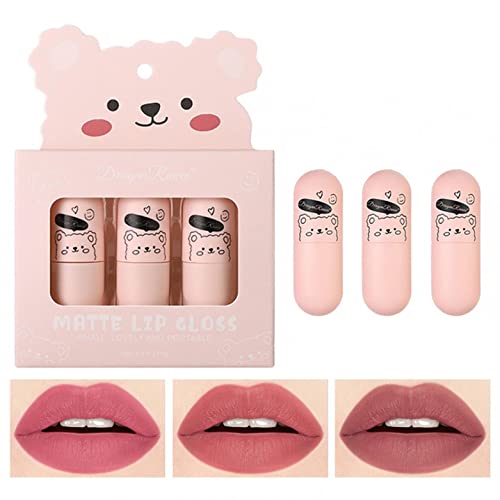 Kdhgoo VELVET LIP GLOSS Cute Bears 3 Pack Lip Glaze Lipstick Deep Lip Stain Long Lasting Waterproof Matte Lip Gloss Kit Nude Beauty Makeup cover