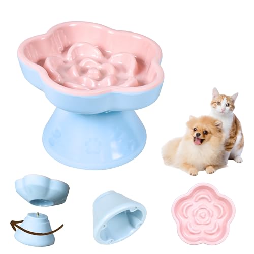 Detachable Slow Feeder Cat Bowl, Unbreakable Elevated Cat Bowls - Heavy Weighted, Tilted Raised Slow Feeder, Non-Slip Small Dogs Slow Feeders Bowl, Dry & Wet Food, Whisker Friendly (Pink, 5.8"