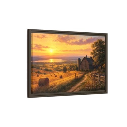 Toile imprimée Nature Farm Paysage Coucher de Soleil Doré encadrée 60x40 cm