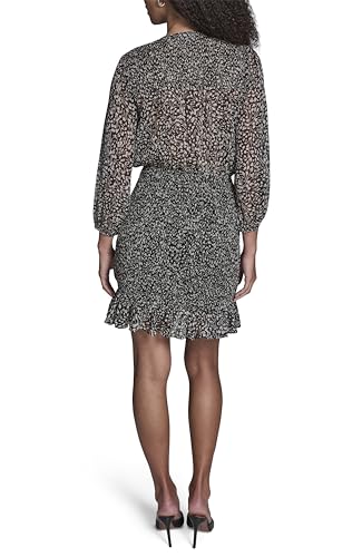 Image of BCBG Women's Long Sleeve V Neck Smocked Chiffon Ruffle Hem Mini Dress