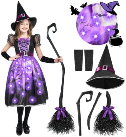 Spooktacular Creations Light-up Witch Costume for Girls, Toddlers Print Witch Outfit Set for Kids Halloween Dress Up Parties