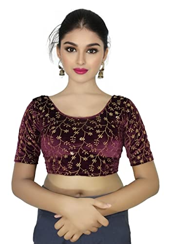 Image of PU Fashion Stylish Golden Embroidery Work Readymade Stretchable Velvet Blouse - Soft Breathable Fabric, Saree Blouse for Women