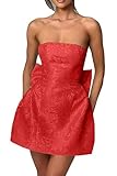 Fivsole Satin Red Mini Homecoming Dress for Women Strapless Short Red Christmas Party Dresses with Bow Formal Red Mini Dress US2