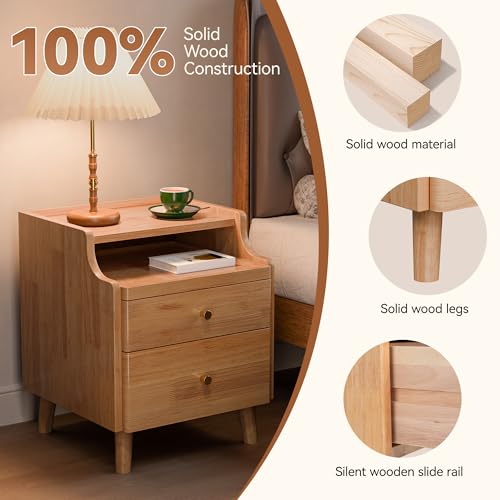 Image of Nightstand Set of 2, Pre-Assembled, 19.7 inchH Solid Wood Night Stand with 2 Drawers, Open Sliding Shelf, Mid Century Modern Small Bedside Table for Bedroom, Natural Oak 16 inch