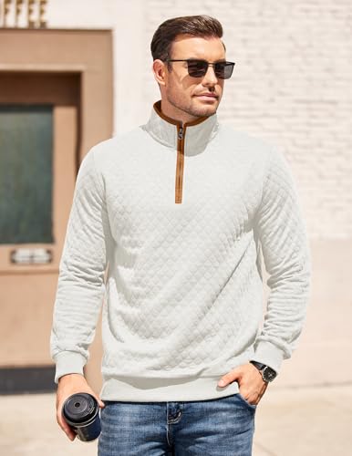 COOFANDY Mens Quarter Zip Pullover Mock Neck Quilted Sweatshirt Casual Long Sleeve Polo Sweater2