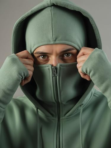 Image of ADRO Men Balaclava Hoodies | 320 GSM Soft Cotton Zipper Hoodie | Thumb-Hole Cuff Gloves | Travel Jacket with Hood | Winter Sweatshirt