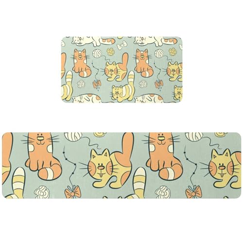 Tapis de cuisine lavables et absorbants à rayures chats - 2