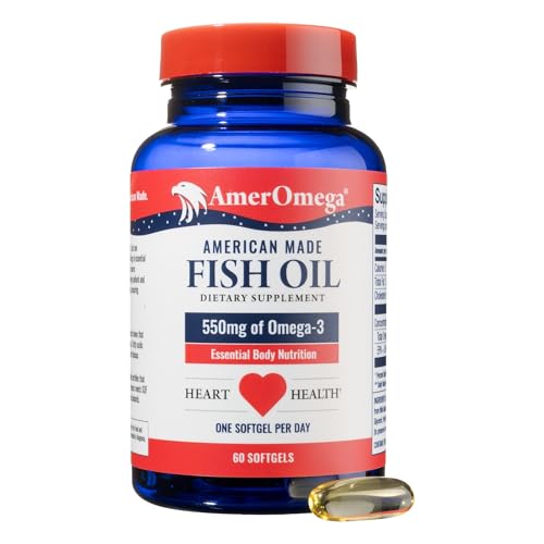 AmerOmega Triglyceride 550mg Omega-3 Fish Oil for Heart Health Support - Wild-Caught Alaskan Walleye Pollock - American-Sourced Non-GMO Gluten-Free & Dairy-Free - 60 Softgels (60 Servings)