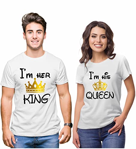 Image of Hangout Hub Hangout-Hub850$P Couple T Shirts for Couples | Printed I Am Her King His Queen T-Shirt for Men Women Couples (Set of 2 | Regulat Fit | Cotton)