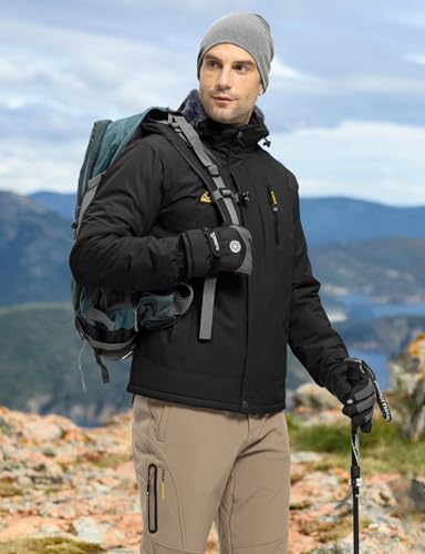 donhobo Herren Skijacke Wasserdicht Winddichte Winterjacke Warme Fleece-Futter Outdoor Übergangsjacke mit Abnehmbarer Kapuze, Schwarz, L