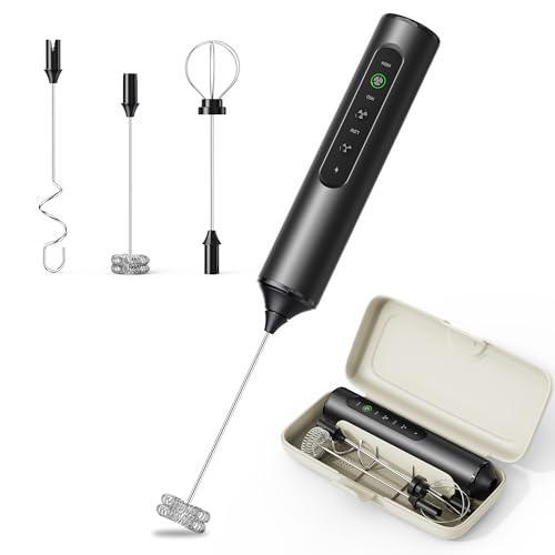 Image of Rechargeable Milk Frother Hanheld 3 Speed, Frother Wand Drink Mixer Handheld Coffee Stirrers Electric Frother for Coffee Mixer Wand with 3 Whisk frother for protein powder-Black
