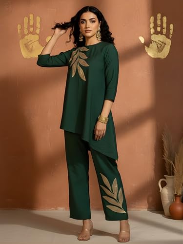 Image of Women's Magenta Chanderi Sequin Embroidered Co-ord Set | Round Neck 3 /4 Sleeve Asymmetric Top with Trousers | Festive Co-ord for Party, Wedding