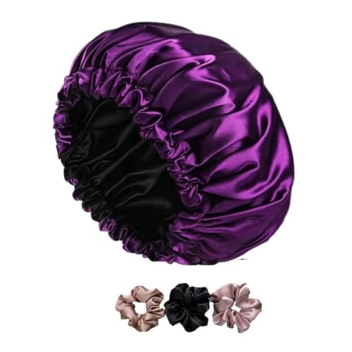 Image of GO WELL Satin Silk Bonnet With 3 Scrunchies - Reversible Hair Cap for Sleeping, Adjustable Wrap for Curly Hair (Dark Pink)