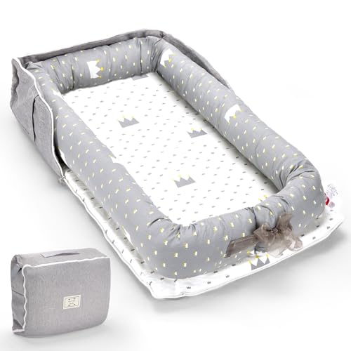Image of Baby Lounger, Portable Infant Loungers for Newborn 0-12 Months, Newborn Essentials for Baby Boys & Girls - Breathable Adjustable Babies Nest for Travel and Home - Crown Ash