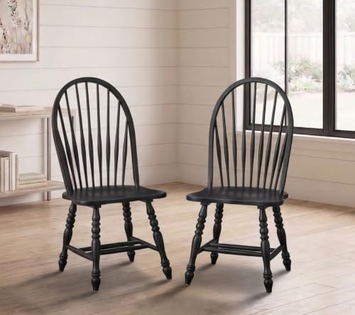 SilkWood Studio Kerrisdale Dining Chairs Set of 2 Farmhouse Solid Wood Spindle Windsor Design with Contoured Wood Seats & Backs for Rustic Home Decor or Breakfast Nook Matte Black