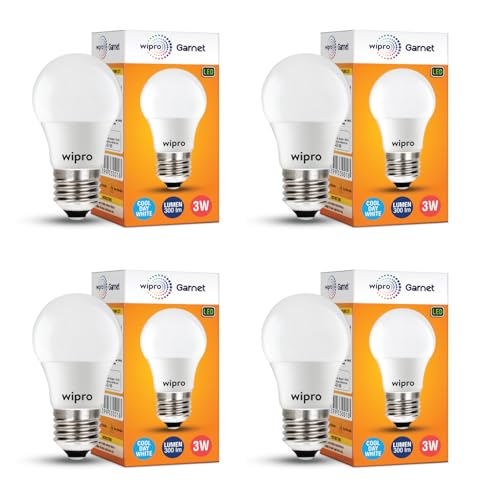 Image of wipro Garnet 3W LED Bulb for Home & Office |Cool Day White (6500K) | E27 Base|220 degree Light coverage |4Kv Surge Protection |400V High Voltage Protection |Energy Efficient | Pack of 4