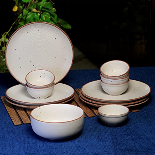 Image of Freakway Handcrafted Stoneware Dinner Set Ceramic Set of 13 Pcs for Dinner with Bowls Set | 6 Ceramic Dinner Plate, 6 Bowl /katori Set & 1 Large Bowl | Dishwasher & Microwave Safe - Off White
