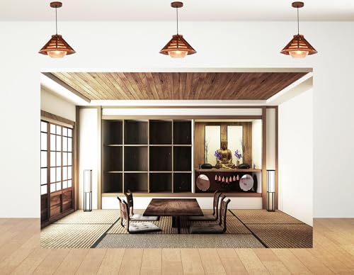 9x6ft Japanese Style Dining Room Backdrop Buddha Statue Wooden Table Tatami Mat Photography Background for Family Gathering Cultural Party Decorations Tapestry Photo Booth Props