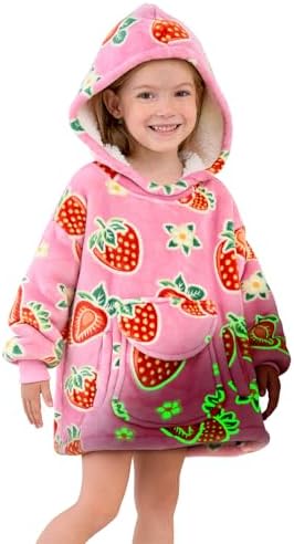 GEULAY Strawberry Wearable Blanket Hoodie - Pink Wearable Blanket Sweater Glow in The Dark Hoodie Blankets with Sleeves and Giant Pocket, Pink Birthday Gifts for 2-6 Year Old