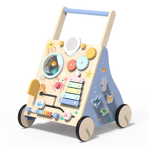 Girello per Bambini di Legno, Oceano Carrello Primi Passi Legno con 8 Giochi Interattivi, Giocattoli Bambino 1 Anno, Primi Passi per Bambini, Baby Walker Baby Walker Regali di Natale e Compleanno