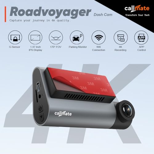Image of CALLMATE Roadvoyager 4K Ultra HD Car Dashboard Camera, 1.47 Inch Display, Dual Recording (Parking Monitor, G-Sensor) with Easy Installation (App Control, 170 Wide Angle Lens) Support Upto 256 GB