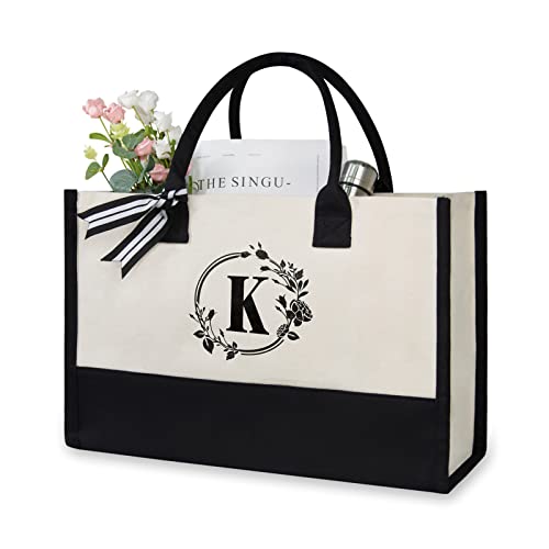 TOPDesign Initial Canvas Tote Bag, Personalized Present Bag, Suitable for Wedding, Birthday, Beach, Holiday, is a Great Gift for Women, Mom, Teachers, Friends, Bridesmaids (Letter K)