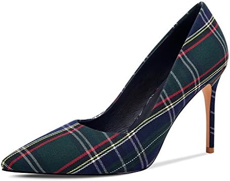 Stiletto High Heels Pointed Female Shoes Shallow Mouth Plaid OL Shoes (Color : Green, Size : 35)