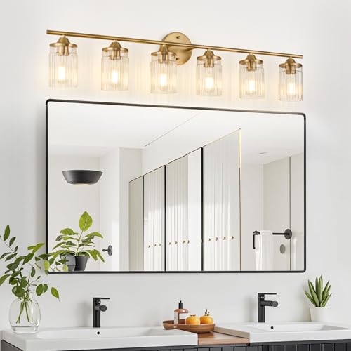 Image of Jonsi Gold Bathroom Light Fixtures 6-Light Vanity Lights Modern Wall Sconce with Clear Glass Shade Brushed Brass Bathroom Light Fixture Over Mirror for Bedroom Hallway Kitchen