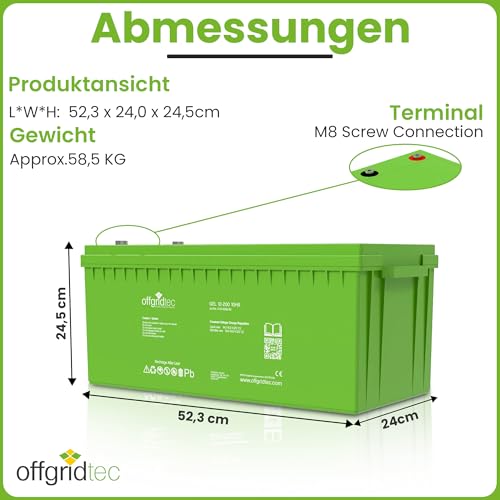 Offgridtec GEL Batterie 12V 200Ah, 2400Wh Versiegelte Blei-Säure Deep-Cycle Solarbatterie, bis 1800 Zyklen, M8-Schraubanschlüsse, wartungsfrei, geringe Selbstentladung, auslaufsicher, Innen & Off-Grid