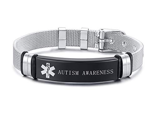 VNOX Acier Inoxydable Nom Ice Alerte Médicale Bracelet Réglable Bracelet Sos d'urgence Bracelet pour Hommes Femmes,Autism Awareness Gravé