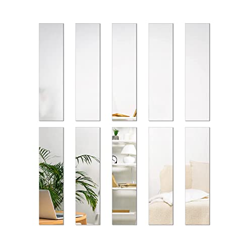 WUTAOBON Mirror Tiles, 2''x8'' Mirror Tiles Self Adhesive Stripe Wall Mirror Stickers Removable Long Acrylic Frameless Mirror Sheets for Home Living Room Bedroom DIY Decor (10Pcs) (Sliver)