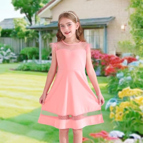 YOUNGER TREE Girls Dress Summer Sleeveless Round Neck Mesh A Line Casual Dresses with Pockets 6-13 Years2