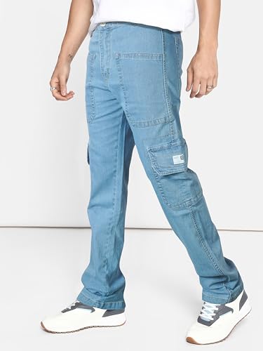 Image of RIG BONE Men's Relaxed Fit Cargo Jeans with Functional Pockets Comfortable High Rise Design Durable Denim Mid Wash Ideal for Casual Wear Travel Outdoor and Urban Adventures