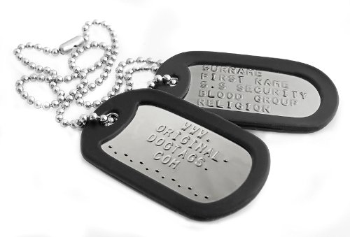 ANDREW'S E-STORE Original-DogTags: Militärische Erkennungsmarken (Dogtags) - 2 Stück Edelstahl, 2 x schwarze Gummi-Schalldämpfer, 1 x lange & 1 x kurze Kette