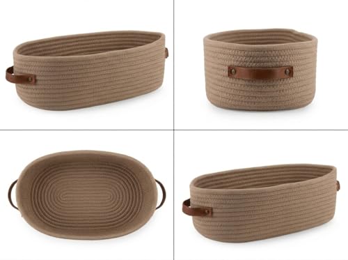 Image of AuraNest Jute Cotton Round Storage Basket | Handmade Rope Shelf Organizer Bin | Multipurpose Gift Basket for Kitchen, Toys, Closet & Home Decor | Eco-Friendly Woven Basket (Beige-Ovel)