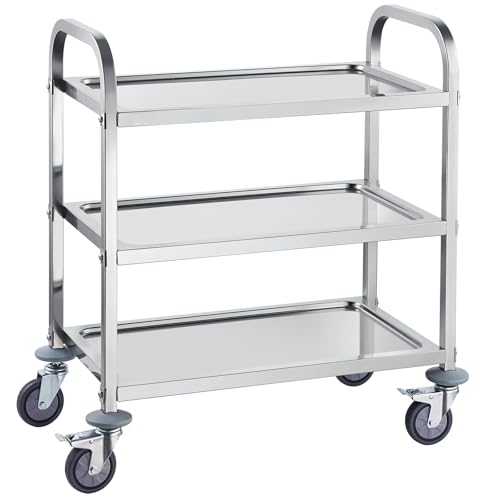 Happybuy Stainless Steel Cart, 3-Layer Utility Cart, 400 lbs Capacity, Medical Cart with Lockable Wheels for Lab, Clinic, Kitchen, and Salon