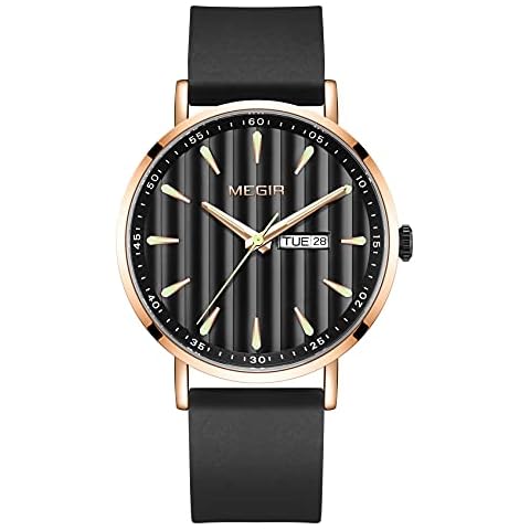 MEGIR Watches for Men Military Sport Quartz Watch Man Waterproof Silicone Strap Simple Wristwatches (Gold) Cover