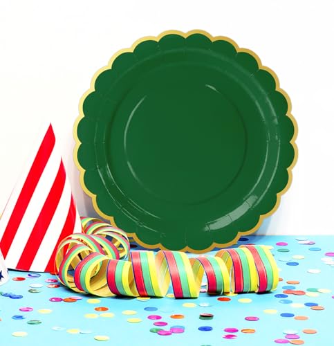 Image of HEIPINIUYE 50 Pieces Green Paper Plates with Gold Foil 9 Inch Disposable Green Scalloped Dinner Plates for Wedding Baby Shower Birthday Christmas Party Dessert Plate