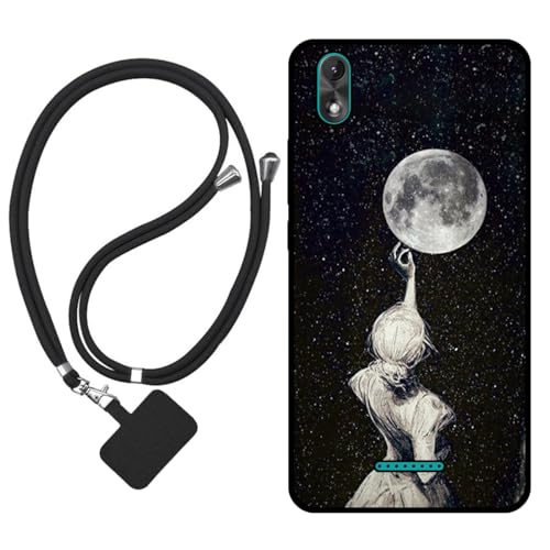 Sunrive Hülle Kompatibel mit Wiko Lenny 4 Plus Hülle,matt Handyhülle Schutzhülle Etui Karikatur Muster TPU Backcover (Rückenschatten,Mond,Sterne) +1x Universale Handykette MEHRWEG
