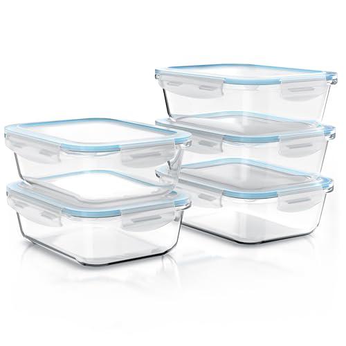 Arendo - Glas Frischhaltedosen Vorratsdosen für Lebensmittel mit Deckel luftdicht - 5er Set - 1050 ml - für Mikrowelle Ofen Gefrierschrank - Spülmaschinen geeignet - Lunchboxen Meal Prep Boxen Set