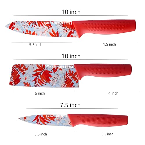 Image of Professional Piece Kitchen Knife Set - High Carbon Stainless Steel Chef, Utility & Santoku Knives with Ergonomic Blue Handles Knife (Red, 3 piece)